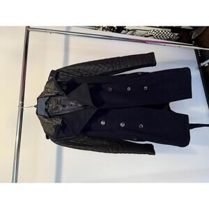 BCBGMAXAAZRIA Black Wool Blend Coat with Quilted Leather Sleeves